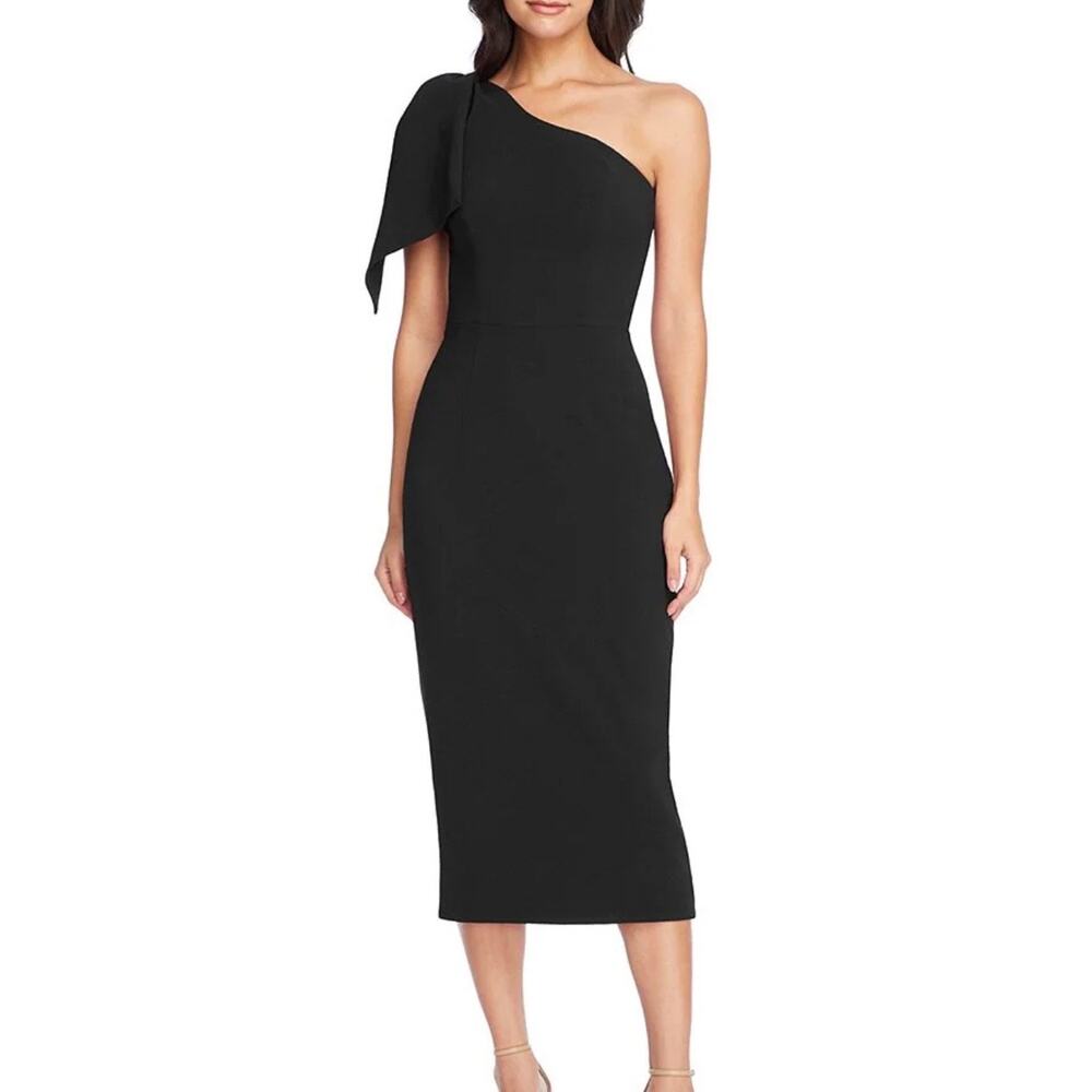 DRESS THE POPULATION Tiffany One Shoulder Bow Sheath Midi Dress Black Large L
